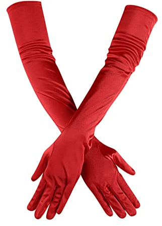DUHGBNE Long Satin Gloves Finger Women Bridal Dance Gloves Length Elbow Opera 20s Gloves Latex Gloves, red, One Size