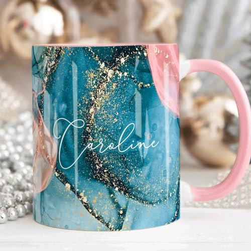 The Whistling Wren Personalised Mug with Name, Pink/Blue Marble Coffee Cup, Personalised Marble Mug & Coaster Set