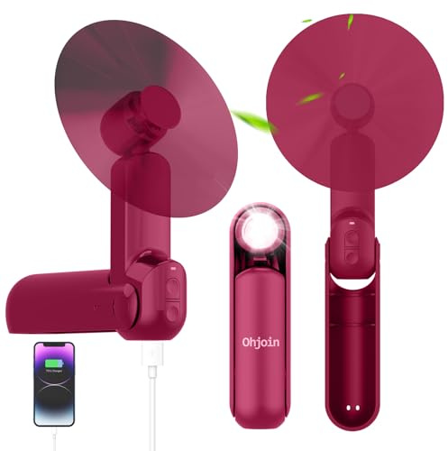 Ohjoin 4 IN 1 Portable Mini Handheld Fan,Personal Foldable Pocket Travel Fan,Small Hand Fan for Face Lash,USB Rechargeable,Summer Concerts, Birthday Gifts for Women Mom (Red)