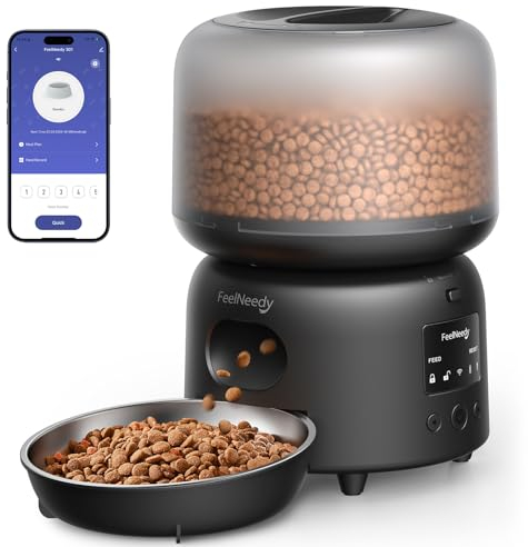 FEELNEEDY Futterautomat für Katze mit APP, 2.4G WiFi Katze Futterautomat, Bis zu 10 Mahlzeiten pro Tag, Warnungen bei Lebensmittelstau und niedrigem Batteriestand, Katzennapf aus Edelstahl, 3L