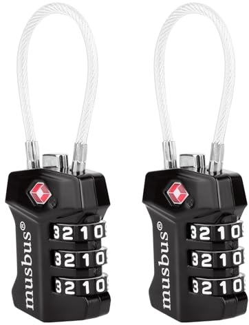 MUSBUS 2er Pack TSA Zugelassene Kofferschlösser, Koffer-Zahlenschloss, kleines Drahtseil mit Code, Reise-Essentials aus Aluminium für Rucksack, Waffenkoffer, Tasche, Zelt, Camping-Reißverschluss