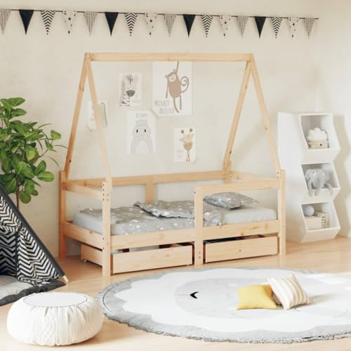 Hommdiy Kinderbett, Kinder Bettgestell mit Schubladen, Hausbett für Kleinkinder ab 4 Jahren, Einzelbett Kinder Jugendbett Holzbett Stil D,70 x 140 cm,Natur
