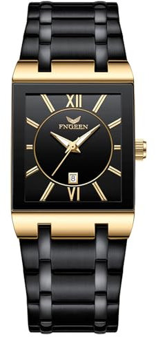 Silverora Armbanduhr Herren Rechteckig Herrenuhren: 3ATM Wasserdicht Eckige Analoge Quarz Uhren Herren Multifunktional Kalender Leuchtzeiger Uhr mit Edelstahlarmband Geschenke für Männer schwarz Gold