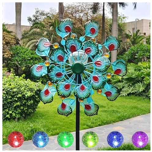 Solar Windrad Garten, 178cm Groß Windrad Garten Metall Gross XXL mit LED-Licht, Windrad Blume FüR Terrasse Und Garten