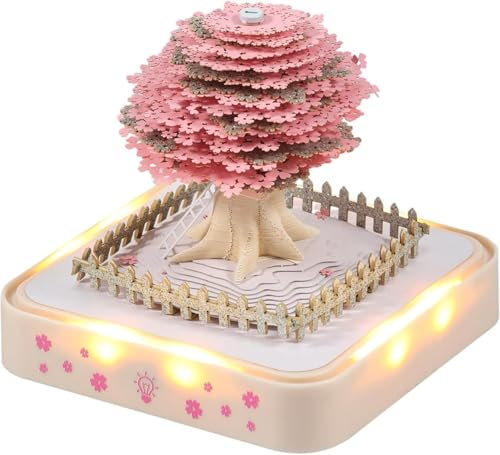 Starnearby Bloc Note 3D Calendrier 2025, Calendrier de Bureau Creatif 3D avec Lumière LED, Calendrier Sculpture Papier Château Magique, Ornement de Bureau, Cadeau (Arbre Sakura)