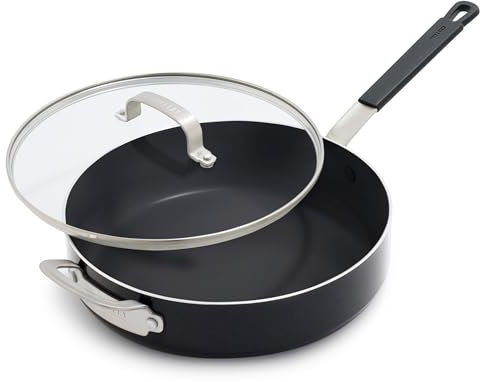 GreenPan x Bobby Flay Schmorpfanne mit Glasdeckel, professionelles Aluminium, PFAS- und PFOA-freie Keramik-Antihaftbeschichtung, induktionsgeeignet, kühlbleibender Silikongriff, spülmaschinen- und
