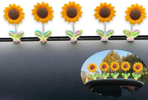 Kisstta 5 Stück Wackelfigur Auto Deko – Mini Sonnenblumen für Armaturenbrett, Niedliche Auto Deko mit Freies Schwingen, Perfektes Dekoration für Auto Computer Tisch Büro Wohnzimmer