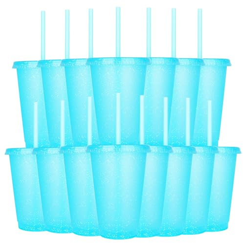 Yisituo 480ml Reusable Plastic Cups, 15 Pack of Kids Tumbler with Lid and Straw, for Cold Drinks, Iced Coffee, Travel and Smoothies (15, Light Blue)
