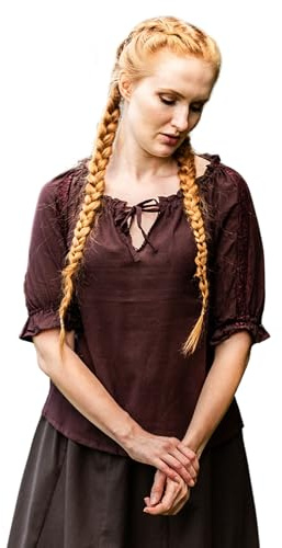 LEONARDO CARBONE® Damen Bluse Mittelalter Kurzarmbluse Sandra | Verstellbarer Kordelzug | Elegante Spitzenverzierung | Karneval, Halloween, Cosplay, LARP, Tunika, Hemd | 100% Baumwolle Dunkelbraun 3XL