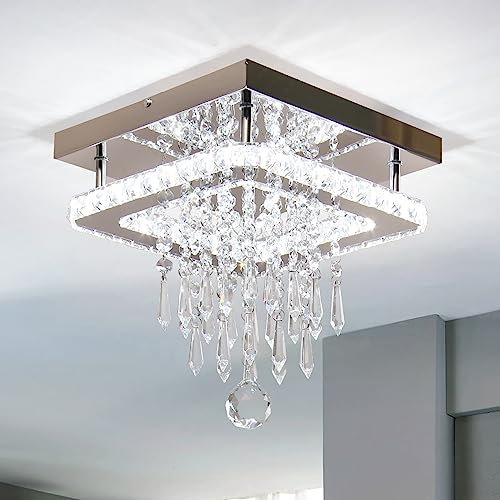 FRIXCHUR Quadratischer Kristall Kronleuchter Moderne Kristall Deckenleuchte LED Unterputz Deckenleuchten für Esszimmer Schlafzimmer Wohnzimmer Flur (Kühl Weiß)