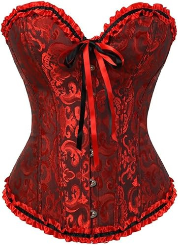 Demays Corset Tops for Women,Bustier Shapewear Lingerie,Lace Tied Renaissance Overbust Corset Push Up Bodysuit (UK, Alpha, XXL, Regular, Regular, Darkred)
