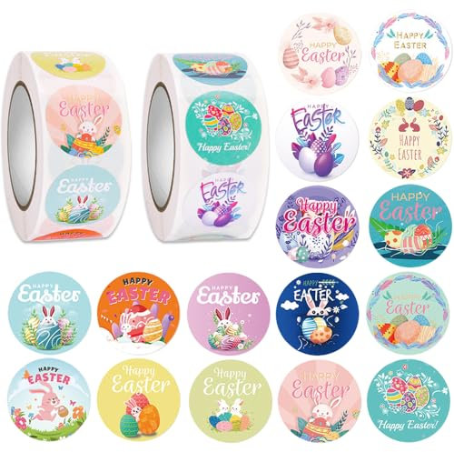 1000 Stück Osteraufkleber, Ostereier Sticker, Ostern Aufkleber Selbstklebend, Frohe Ostern Aufklebers, Hase Osterhasen Aufkleber, Ostersticker für Osterkarte Osterns Geschenke Osterdeko(2 Rolle)