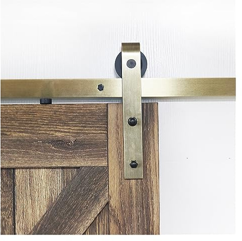 Kit de herrajes para puerta corredera de granero de latón antiguo, fácil de instalar, sistema de riel completo resistente con acabado dorado