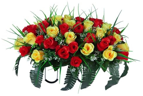 Frühlingsgesteck künstlich für Grab Friedhof Gedenkstätten, grabgestecke künstlich, grabgestecke für urnengrab, Frühlingsblumen Grabgesteck künstlich mit Rosa (Rot+Gelb)