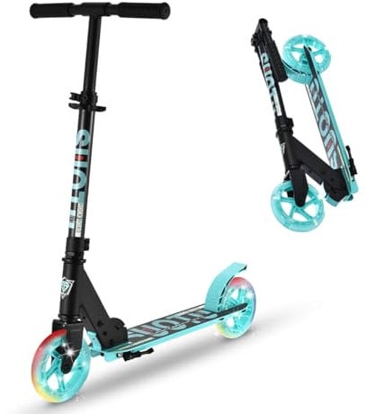 SUOTU Roller Kinder mit 145 mm Rollen, Scooter mit 2 LED Rädern für 3-12 Jahren, Zusammenklappbarer, Höhenverstellbarer, Cityroller for Boys and Girls (Schwarz und Blau)