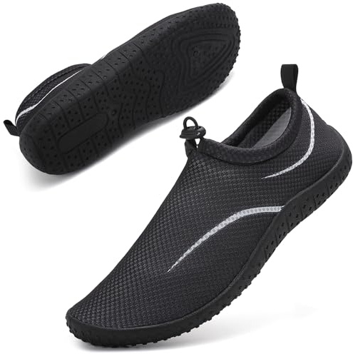Water Shoes Beach Shoes Swim Swimming Aqua Socks Barefoot for Sea Pool Quick Dry Lightweight Breathable Adjustble Surf Dive Women Men(Drawstring Line Black 46 EU/11.5 UK)