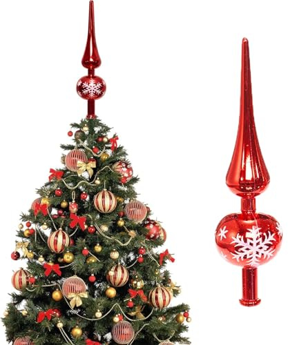 QXNDXQ Weihnachtsbaumspitze Rot, Christbaumspitze Glänzend, 26 cm Weihnachtsbaum Matt Stern Spitze, Weihnachtsbaumspitze Glass mit Pailletten Schneeflocken, Christbaumspitze Christbaumschmuck