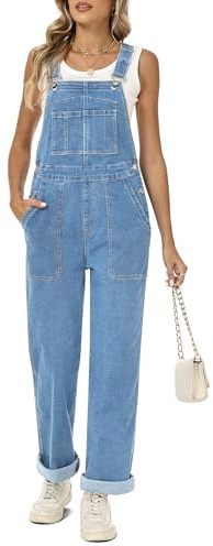 Fengbay Salopette en jean à bretelles réglables pour femme | Combinaison ample en denim, poches plaquées pratiques, coupe droite décontractée, tenue décontractée polyvalente pour toutes