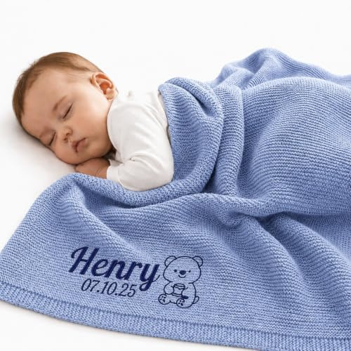 Stepdiy Personalisierte Babydecke Aus Baumwolle Mit Besticktem Namen | Babydecke Personalisiert, Weiche Strickdecke Für Neugeborene, Jungen Und Mädchen, Personalisiertes Babygeschenk Zur Geburt