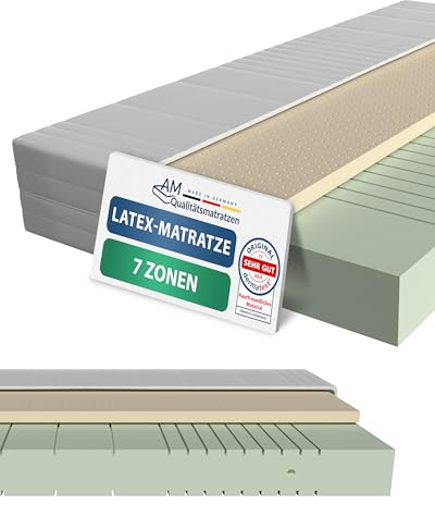 AM Qualitätsmatratzen 7 Zonen Latex Matratze 90x200 H2 - Made in Germany - Oeko TEX zertifizierte Naturlatex Matratze 90x200-20 cm Hoch - Hybridmatratze mit 4cm Latexauflage