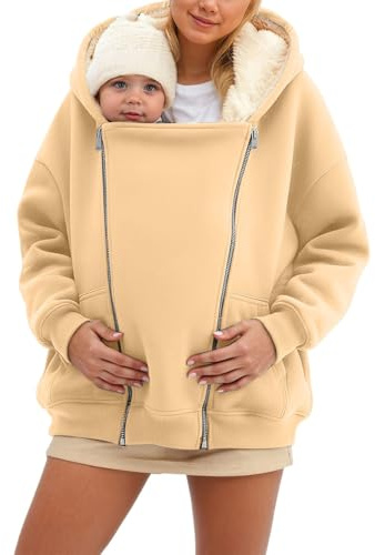 Hanraz Giacca premaman invernale con inserto per neonato, calda giacca per donne incinte, morbida felpa 2 in 1, elegante cappotto premaman in tinta unita, A02 Beige, M