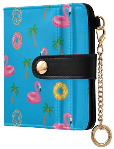 Flamingo Blue Palm Trees Print Wallet for Women Compact PU Leather Credit Card Holder with ID Window Thin Keychain Wallets Purse for Female Lady