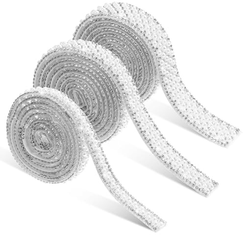 GLSTOY 3 Stück Selbstklebende Strassapplikationen und Perlenband in Weiß Breiten 1cm 1,5cm und 2cm Elegantes Dekoratives Band für Bastelarbeiten und Kleidung Verzierung