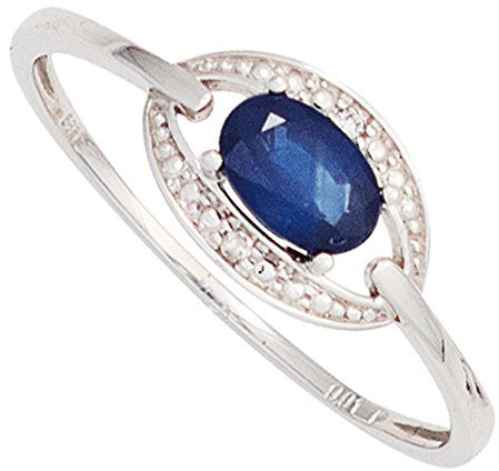 Ring Damenring mit Saphir Safir blau & Diamanten Brillanten 585 Gold Weißgold, Ringgröße:Innenumfang 52mm ~ Ø16.6mm