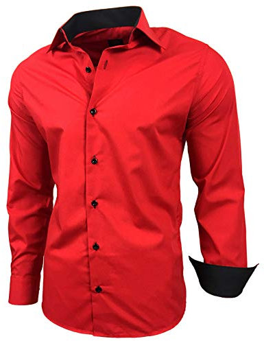 Baxboy Herren-Hemd Slim-Fit Bügelleicht Für Anzug, Business, Hochzeit, Freizeit - Langarm Hemden für Männer Langarmhemd R-44, Farbe:Rot, Größe:5XL