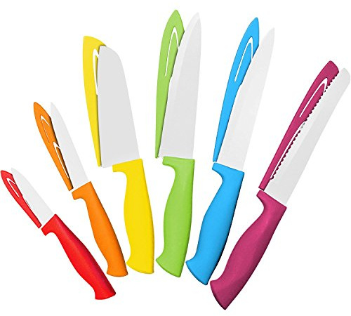 12 Piece Dishwasher Safe Knife Set - 6 Steel Rainbow Kitchen Knives with 6 Knife Sheath Covers - Colorful Knife Sets with Bread, Slicer, Santoku, Utility and Paring Knives