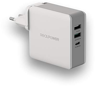 RealPower DeskCharge-65 Travel USB C Ladegerät 65W Power Delivery, USB-C Netzteil mit Reiseadapter, USB C PD Ladegerät für 13''MacBook Pro, iPhone 11 Pro, AirPods Pro, Google Pixel, iPad, Nintendo Swi