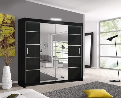 OSLO Modern Mirror sliding door wardrobe with LED Light Width 150cm/180cm/203cm (Black, 150cm)