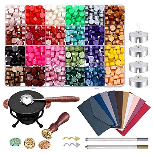 JasCherry 600 Stück Wachs Siegel Stempel Kit, Komplettes Wachssiegel-Kit mit Wachssiegelheizung, Haftwachs für Porto-Briefe, Antike Manuskript, Grußkarten, Hochzeitseinladung (24 Farben)