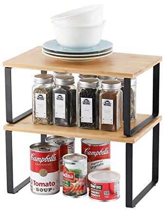 Kitchen Cupboard Organiser Shelf for Cabinet, Expandable & Stackable Counter Cupboard Organiser, Storage Rack for Bathroom, Kitchen, Laundry Room Black