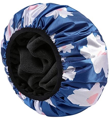 YIZIJIZI Terry Lined Shower Cap,Triple Layer Large Cap for Women,Shower Cap Reusable Waterproof,Long Thick Hair(Blue)