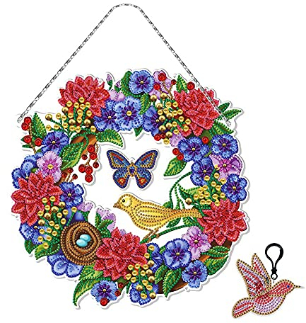 Demiawaking Diamond Painting Girlande mit LED Weihnachtsdeko DIY Diamant Malerei Kranz Deko Türkranz Wandkranz mit Kette und Schlüsselanhänger (G)