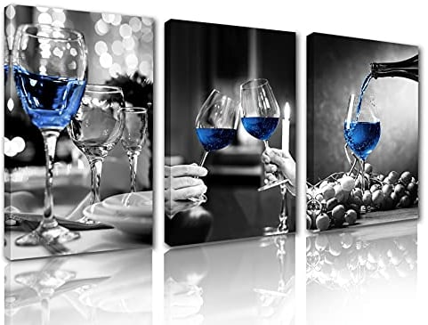 Tucocoo Contemporary Wall Art Black & White Pictures Blue Wine Glass Canvas 3 Pcs/Multi Panel Canvas Modern Artwork DecorBar Dining Room Wooden Framed Ready to Hang(42x20 Inch),Small-42''x20''