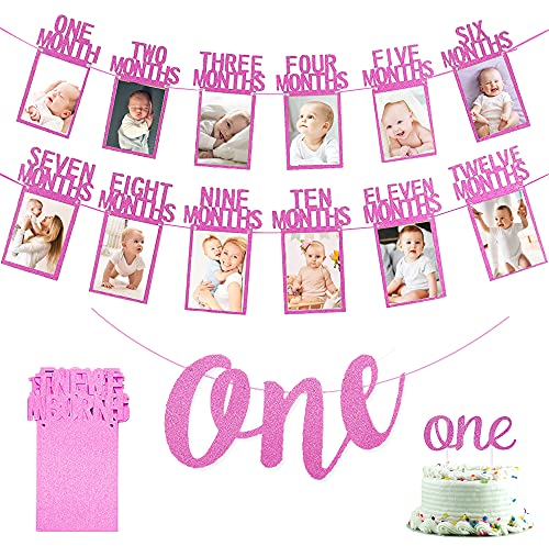 KISPATTI 1 Geburtstagsdeko, Foto Banner Rosa 1 bis 12 Monate, One Banner, One Cake Topper für Jungen Mädchen Geburtstag Babyparty Partydekorationen