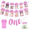 KISPATTI 1 Geburtstagsdeko, Foto Banner Rosa 1 bis 12 Monate, One Banner, One Cake Topper für Jungen Mädchen Geburtstag Babyparty Partydekorationen