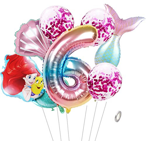 Meerjungfrau Geburtstag Party Dekoration Set 6 Jahre Mädchen - Bunt XXL Zahl 6 Ballon, FolienBallon, LatexBallons - Kinder Geburtstag Deko