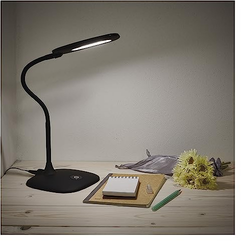 EMOS dimmbare LED Tischlampe STELLA 6,5W, Helligkeit max. 400lm, Lichtfarbe 4000K, flexibler Arm, 1,7m Netzkabel mit EURO-Adapter, CRI>80, Leuchtdauer 30000 h, schwarz