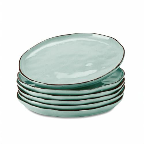 Loberon Teller 6er Set Biarré, reizvoll unebene Gestaltung, glänzend glasiert, mediterraner Charakter, Geschirr, Küchenzubehör, Tischaccessoires, Steinzeug, türkis