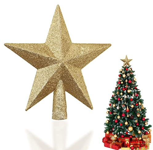 Weihnachtsbaum Stern Gold – 20cm Baumspitze mit 3D-Glitzer-Effekt, Einfache Befestigung | Edle Tannenbaumspitze Stern Gold für eine magische Weihnachtsbaum Dekoration