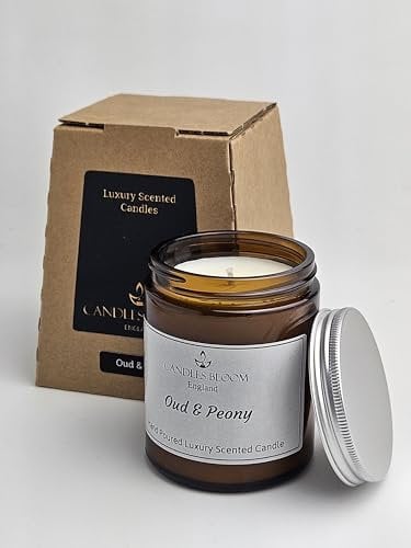 Oud & Peony 180ml Amber Jar Scented Candle - 35 Hour Burn Time - Eco & Vegan Friendly