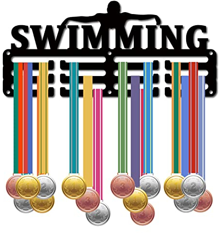 CREATCABIN Medaglia Nuoto Porta Medaglia Appendiabiti Espositore Sport Metallo Appeso Premi Ferro Piccolo Supporto Decor Premi per Parete Casa Distintivo Gara Corsa Ginnastica Nuoto Nero 29x13cm
