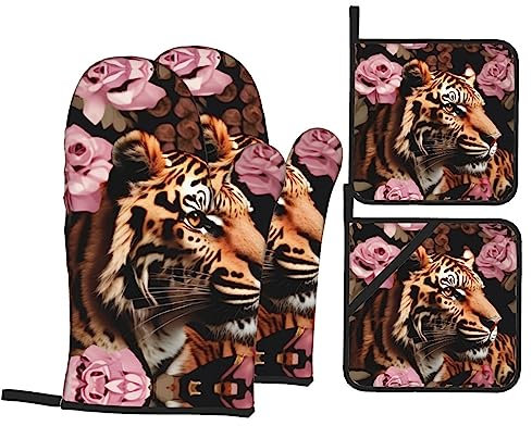 Ofenhandschuhe und Topflappen mit Tier-Tiger, Leopardenmuster, Rosen-Druck, hitzebeständig, rutschfeste Oberfläche, weiches Innenfutter zum Kochen und Backen