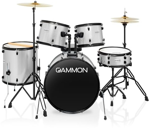 Gammon Percussion Full Size Complete Adult 5-Piece Drum Set with Cymbals, Stands, Stool, and Sticks - Silver