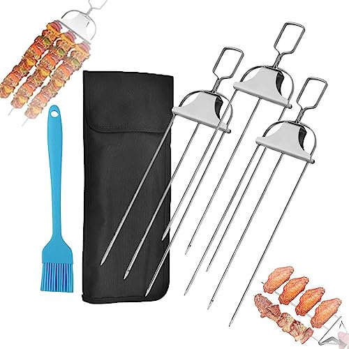 3 Way Grill Skewers - Grillsavant, 3 Way Grill Skewers for Outdoor Grill, 3 Way Skewer for Grilling, BBQ Grill Skewers, Grill Skewers Stainless Steel, Easy to Use Push Bar Slider (3PCS)