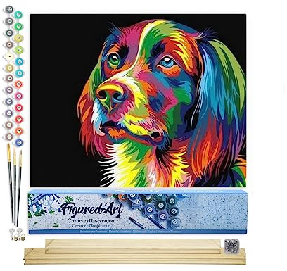 Figured'Art Peinture par Numéro Adulte Chien Pop Art - Activité Manuelle Kit de Loisir Créatif DIY Numéro d'Art Complet - 40x50cm avec châssis en bois à monter