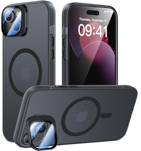 Meifigno Schutzhülle kompatibel mit iPhone 15 Hülle mit Ständer, [Kompatibel mit Magsafe & Kamera Halter Schutz] Handyhülle für iPhone 15 6.1, Transparente Matte Rückseite Case, Schwarz